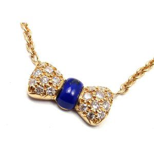 Authentic! Van Cleef & Arpels 18k Yellow Gold Diamond Lapis Bow Pendant Necklace